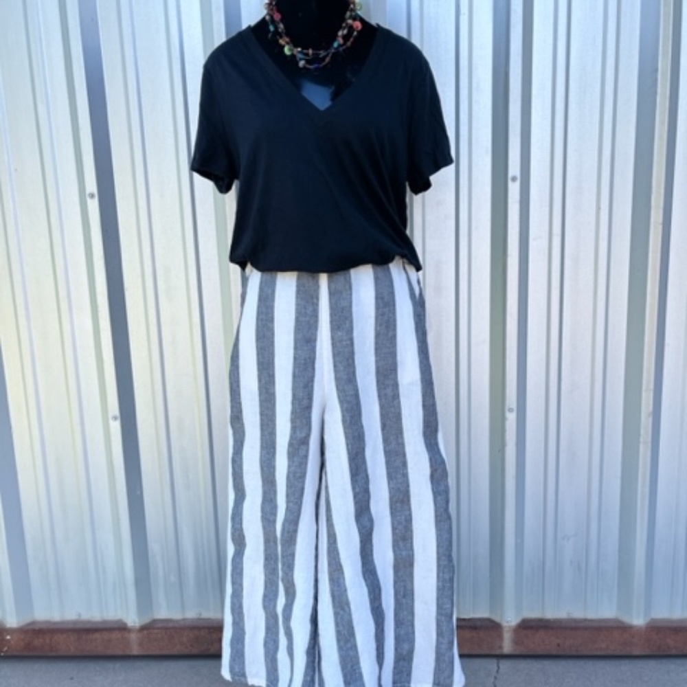Women's Catherine Malandrino Cream & Black Stripe Wide Leg Linen Pants M